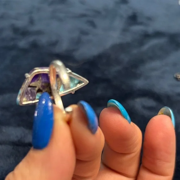 Elegant Purple and Blue Turquoise Sterling Silver Statement Adjustable Ring - Picture 5 of 6